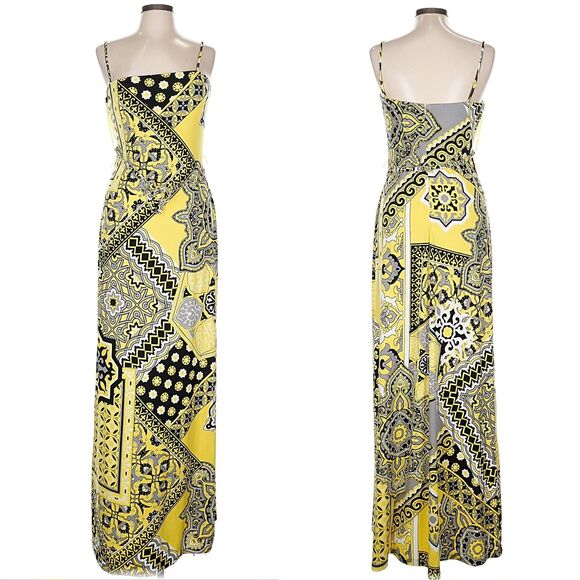 Vintage Y2K Cache Yellow Mixed Print Maxi Dress Chain Belt Strapless Size Large - Picture 11 of 13